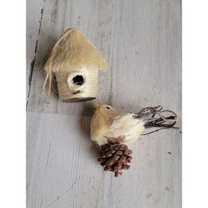 Off white bristle brush birdhouse pine cone set ornament Xmas